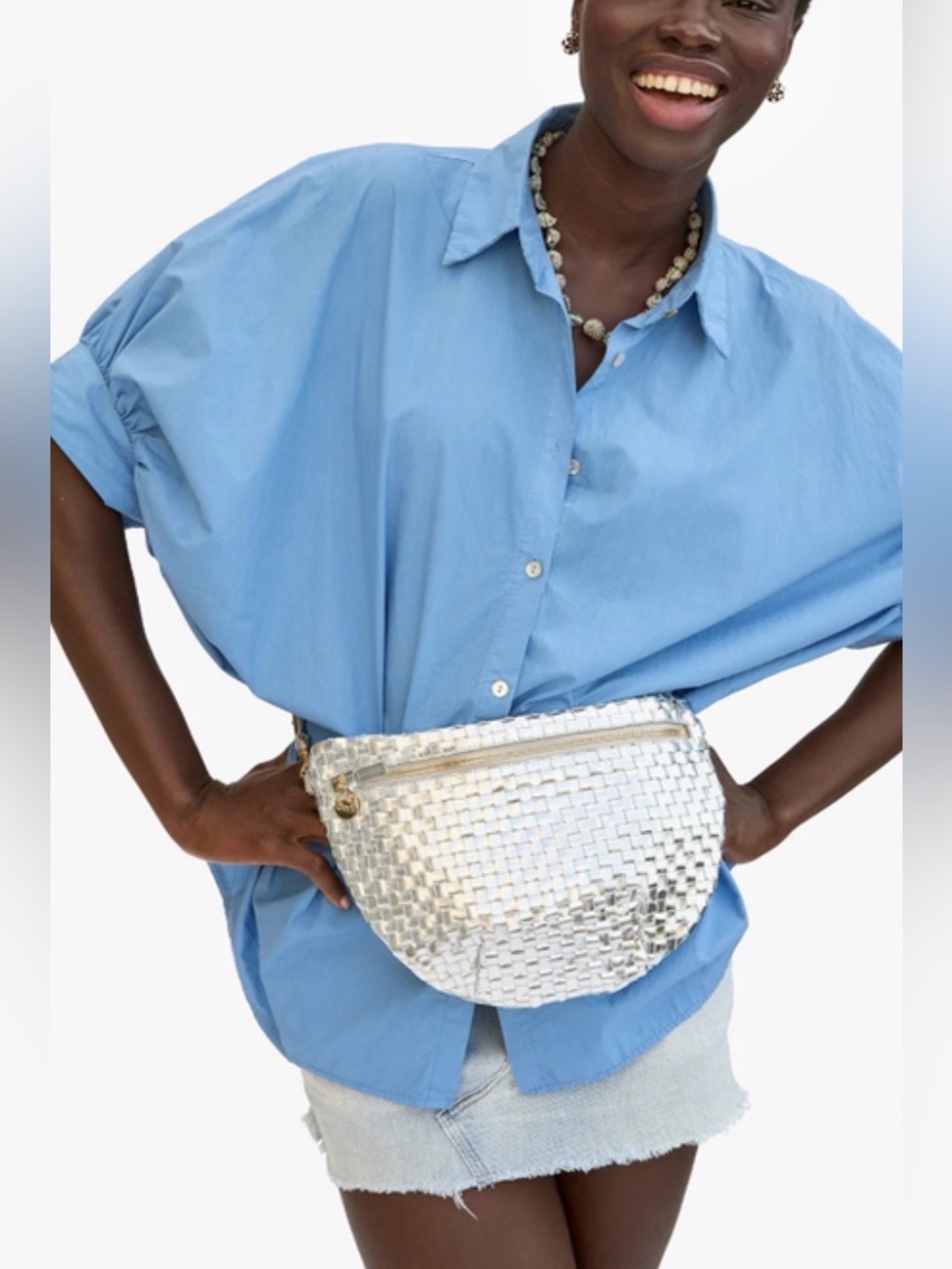 Clare V. Grande Fanny Woven Metallic Silver Crossbody Bag - Picture 11 of 16